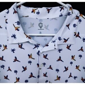 Caddy Cart Men's Golf Polo White w/Blue & Yellow Macaws Lightweight Large UPF 50